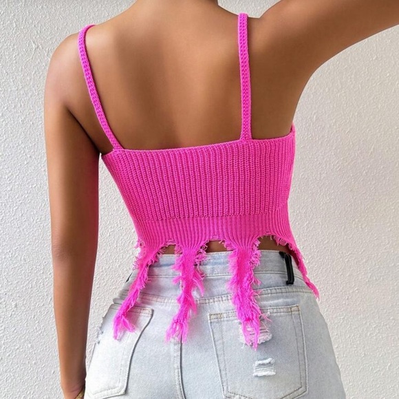 Pink Fringe Knit Crop Top - Picture 2 of 8